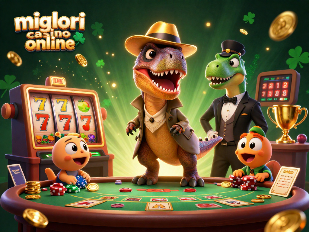 Illustrazione dettagliata di un velociraptor al tavolo da blackjack nei migliori casino online, mentre un pit boss lo osserva.