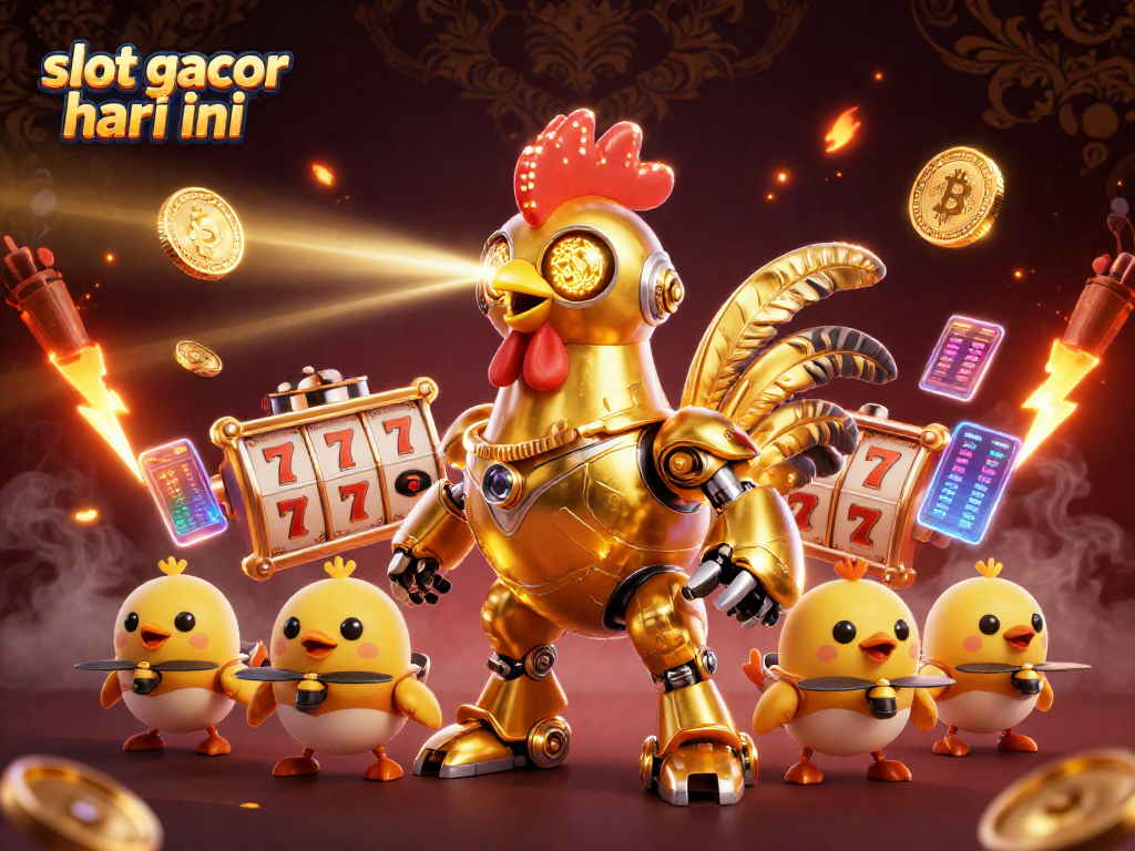 Engage with the lively slot gacor hari ini scene showcasing a golden rooster robot and baby chick drones amidst dynamic casino elements.