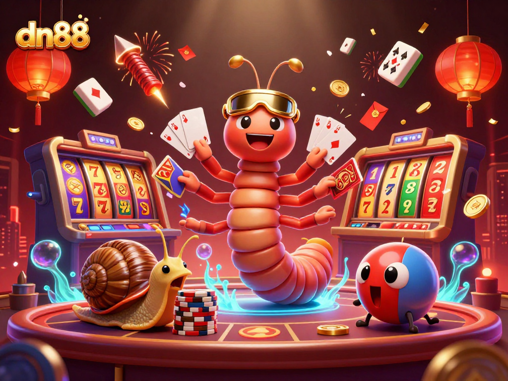 Spin the reels at dn88 with a whimsical dealer and vibrant casino elements in this lively 3D illustration.
