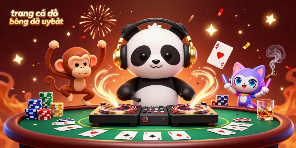 Engage in the excitement of trang cá độ bóng đá uy tín with a playful 3D panda DJ, vivid colors, and thrilling casino elements.