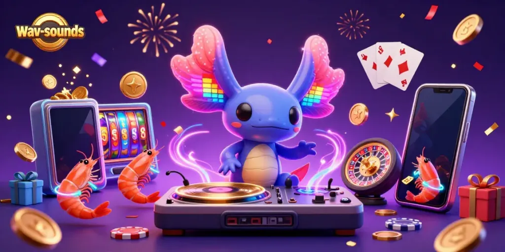 Menggugah semangat bermain dengan wav-sounds dalam ilustrasi 3D tentang DJ axolotl, slot game, dan keasyikan kasino.