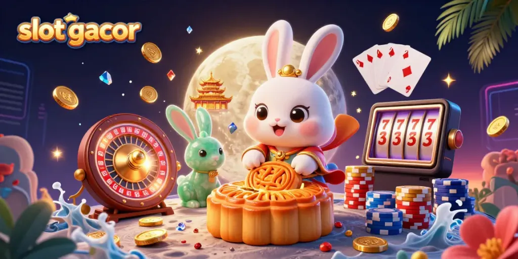Visualisasi slot gacor dengan kelinci bulan mengolah kue bulan dan simbol keberuntungan terbang di sekitarnya.
