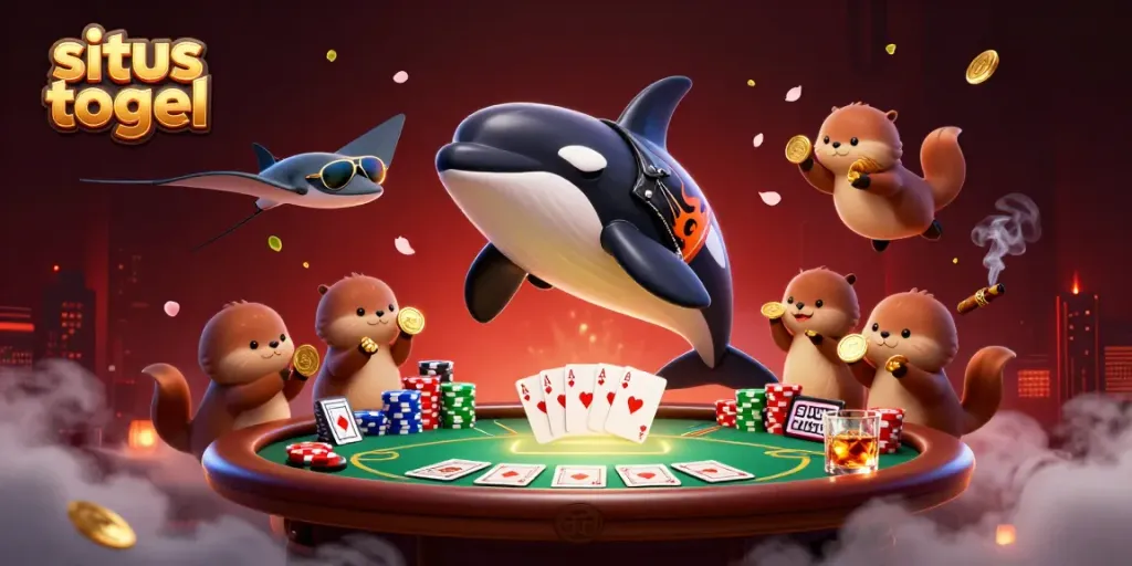 Situs togel highlighted in this vibrant 3D illustration featuring lively sea creatures sharing poker elements.