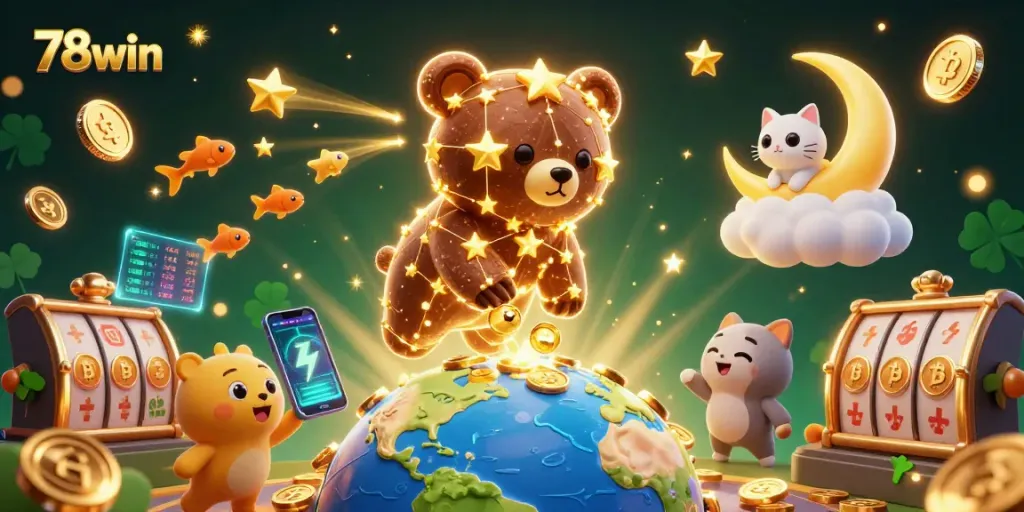 Experience the vibrant world of 78win, where a constellation bear scoops coins amidst dazzling casino elements.