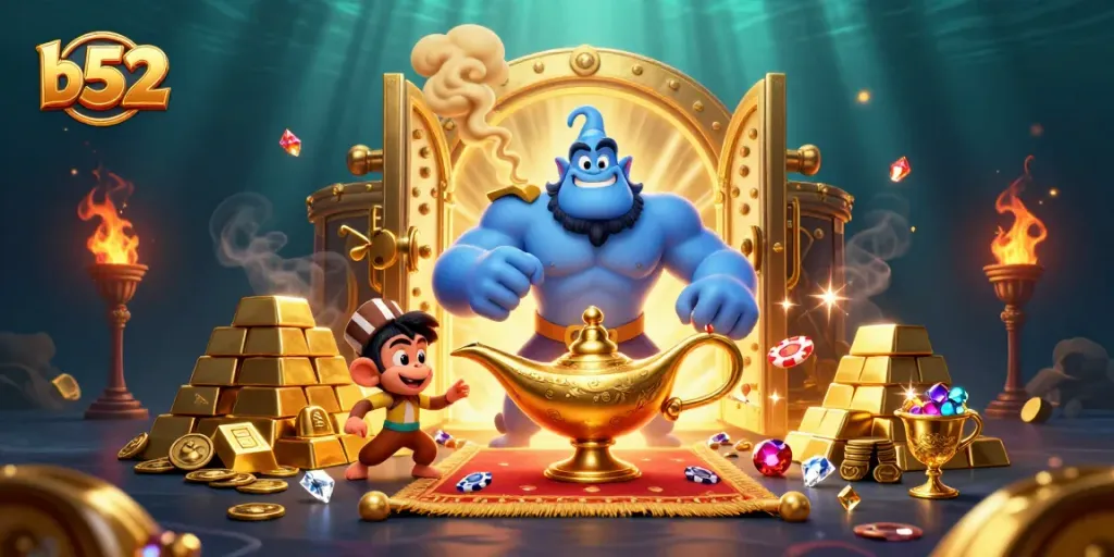 Experience the magic of b52 with a vibrant casino scene featuring a genie, poker chips, and treasure.