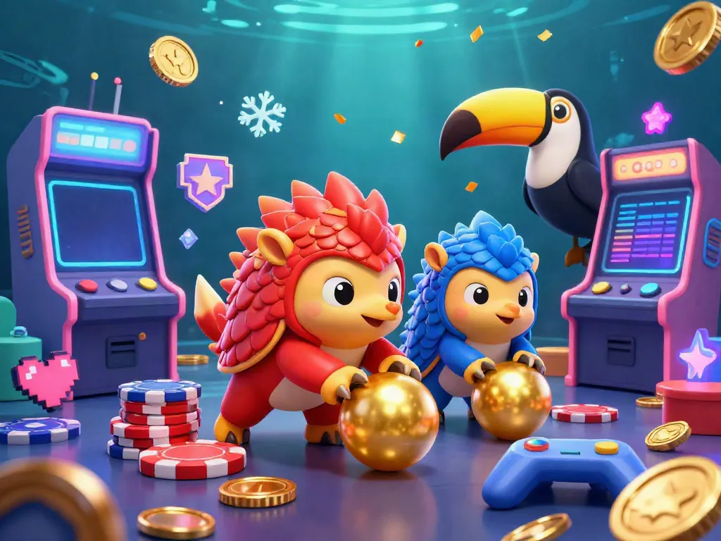 Experience the excitement of Fa bet with competitive pangolins bowling through a vibrant casino scene.