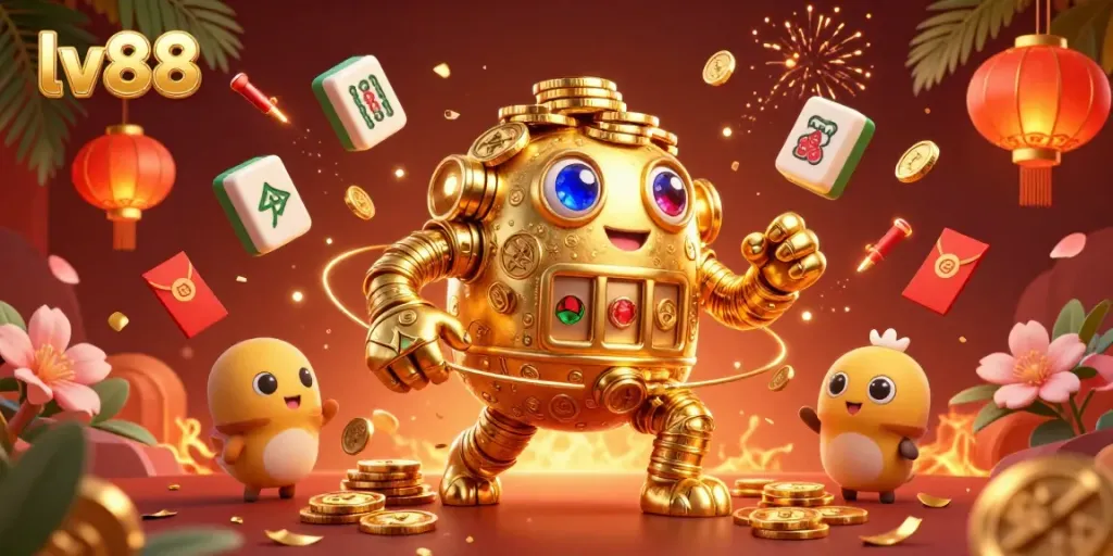 Experience the excitement of lv88 with a golem made of golden coins surrounded by festive casino elements.