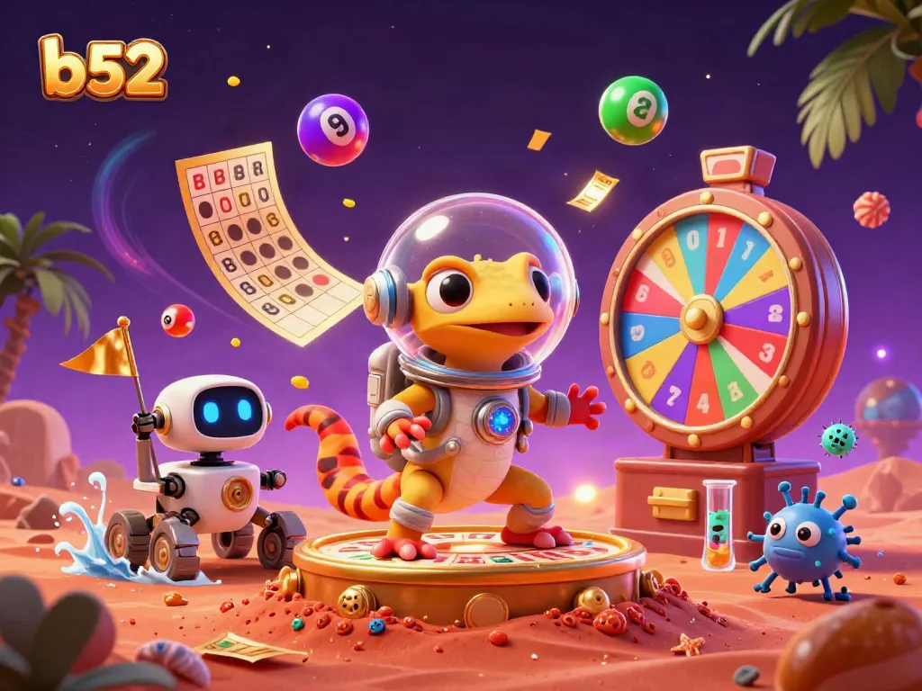 Play exciting games at the b52 casino under alien watch, featuring vibrant lottery elements.