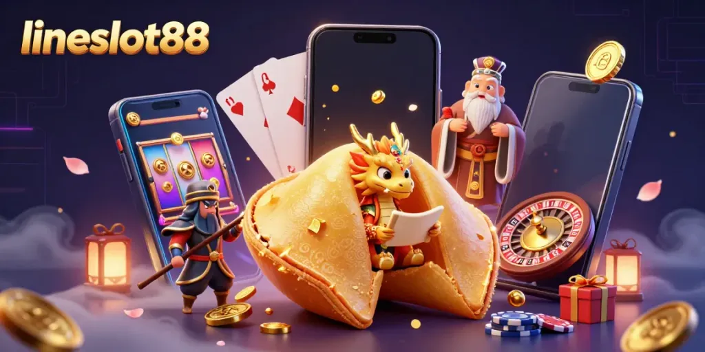 Engage with the captivating fortune cookie scene featuring lineslot88, a wise dragon and dynamic casino elements.