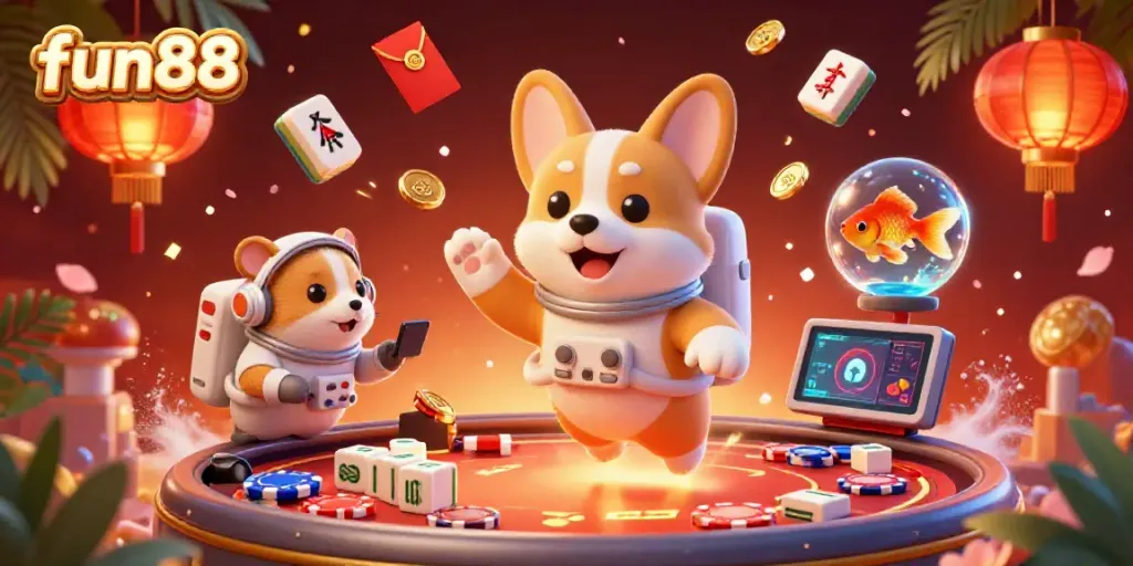 Experience fun88 in a vibrant space station casino with an astronaut corgi, golden coins, and drifting poker chips.