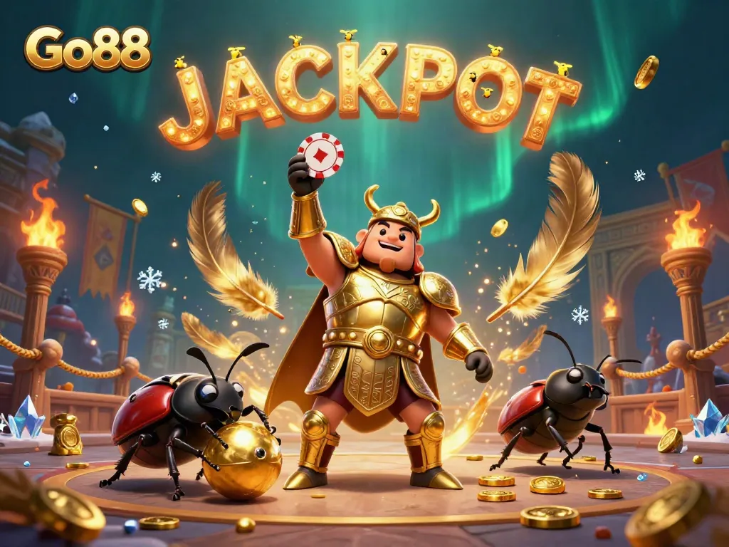 Engage with Go88’s thrilling gaming scene featuring a victorious beetle in golden armor lifting a poker chip.