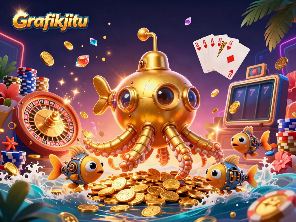 Engage in thrilling gameplay action with Grafikjitu featuring golden kraken submarines and vibrant casino elements.