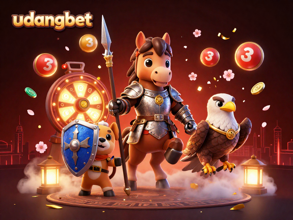 Experience winning strategies with udangbet in this vibrant 3D casino-themed illustration.