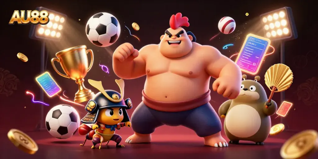 Experience thrilling AU88 betting action with a dynamic sumo rooster, samurai cricket, and tanuki announcer.