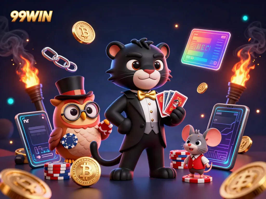 Join the excitement at 99WIN as a stylish panther deals cards amidst vibrant casino elements.