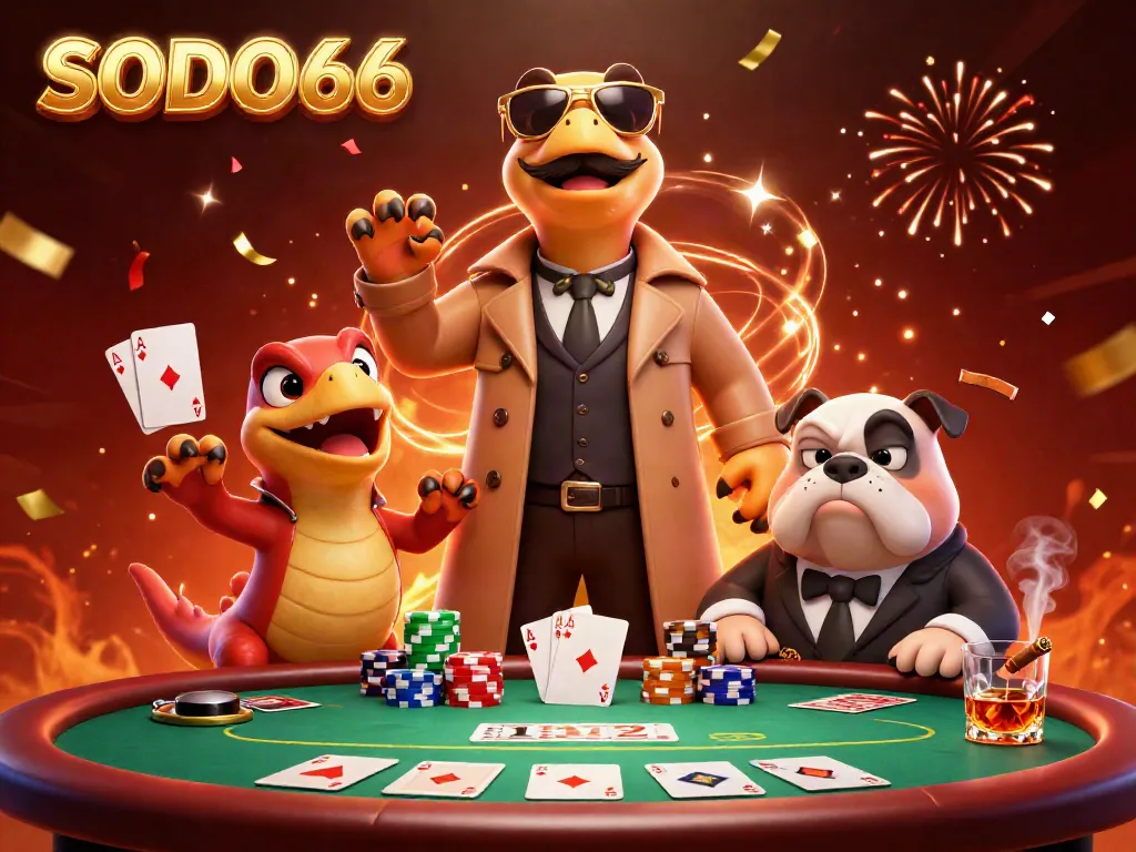 Join the fun at SODO66 Casino with vibrant raptors in disguise, surrounded by poker excitement.