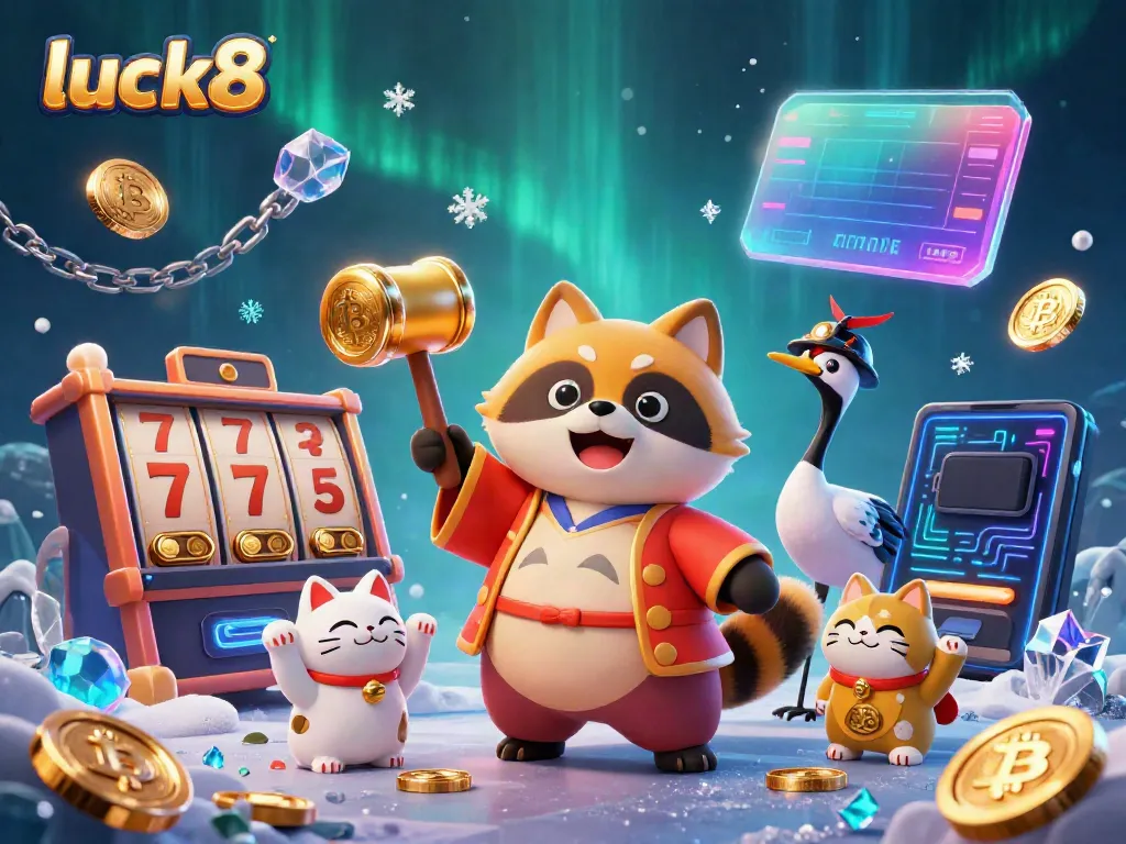 Experience luck8 with a cheerful tanuki and fortune cats, surrounded by slot reels and cryptocurrency coins in vivid colors.