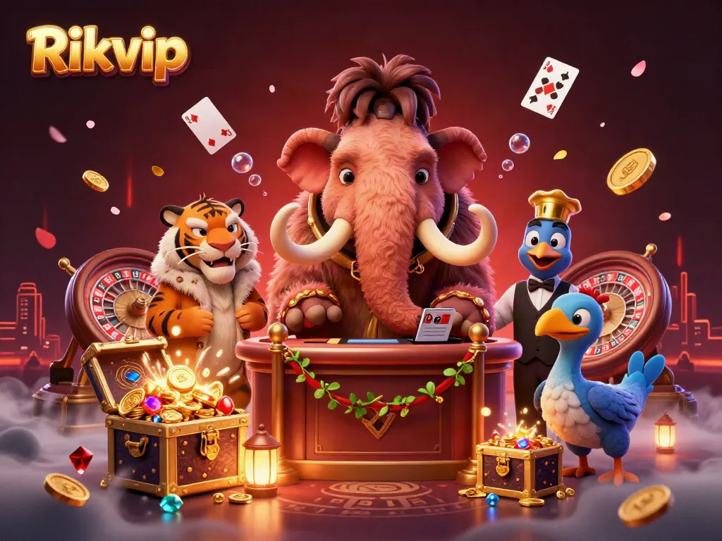 Rikvip showcases a vibrant casino scene with a woolly mammoth bouncer and saber-tooth tiger VIP amidst gaming action.