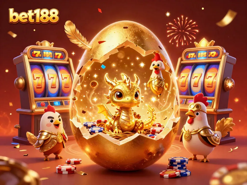 Experience the excitement of slot games with bet188 and a golden dragon amidst a casino atmosphere.