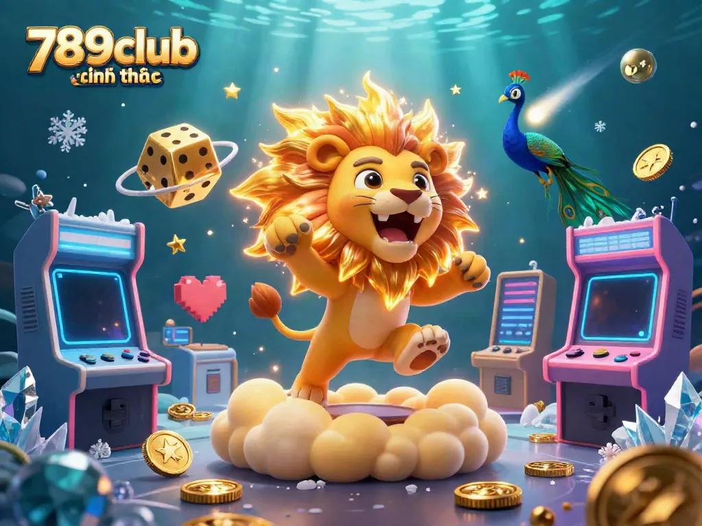 Engage in vibrant gaming action at 789club chính thức with a dynamic casino scene featuring festive characters and colorful game elements.