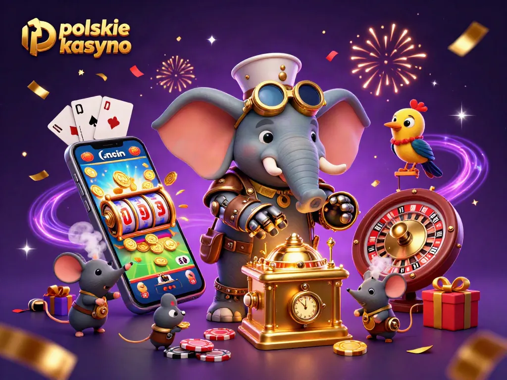 Engage in the excitement of polskie kasyno bitcoin with a steampunk elephant operating a dynamic golden slot machine.