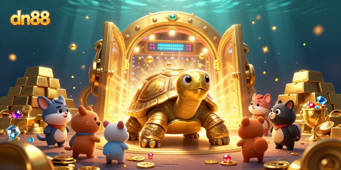 Experience thrilling gaming with the dn88 colossal tortoise pinball machine, surrounded by treasures.