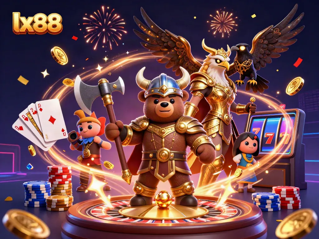 Experience the thrill of lx88 with a Viking berserker and Valkyrie eagle amid casino excitement.