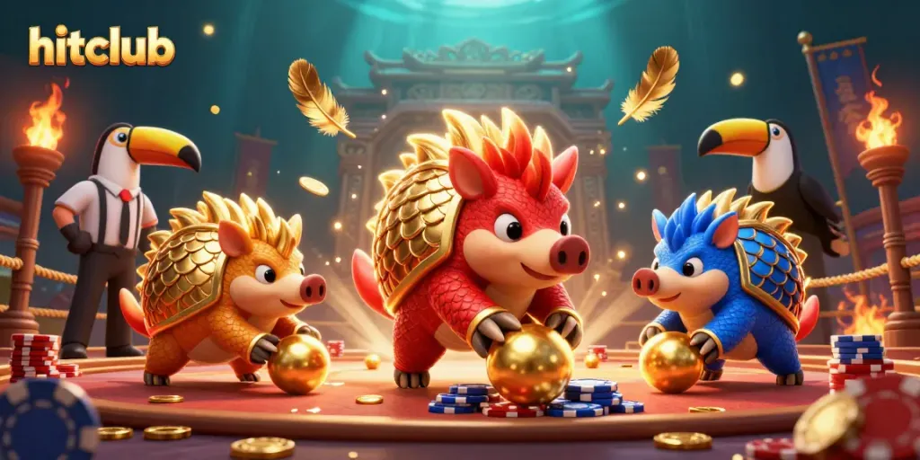 Experience thrilling hitclub gaming action with vibrant pangolins and poker chips in a dynamic arena.