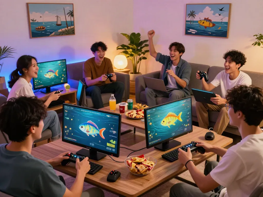 'lại là Bắn cá đổi thưởng' gaming scene with friends enjoying a vibrant virtual fishing game in a cozy living room.