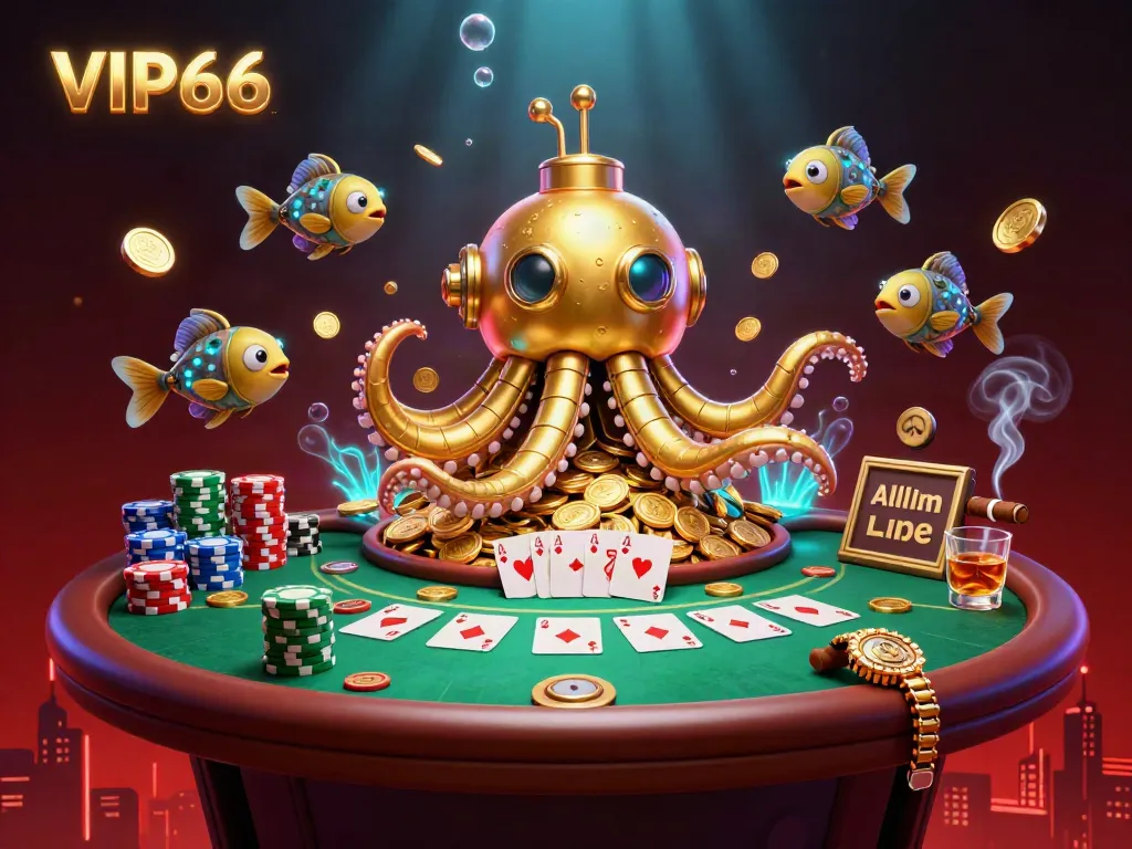 Experience thrilling gameplay at VIP66 with a golden kraken submarine amid poker chips and cards.