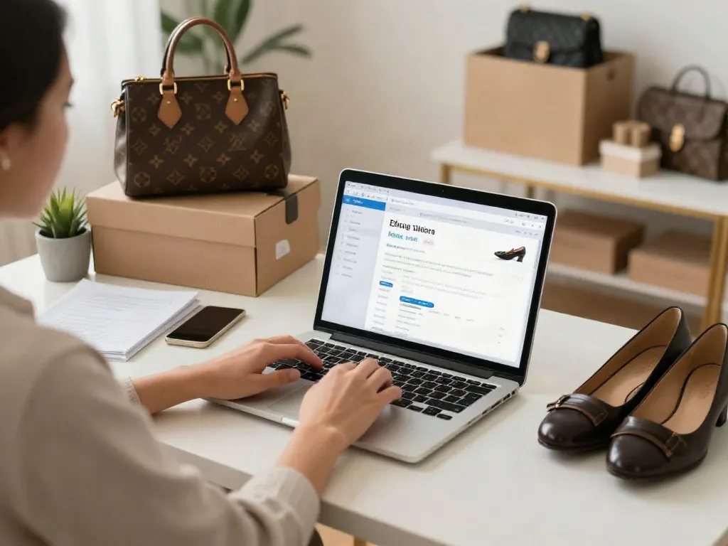 Exciting online shopping scene showcasing premium replica designer bags to buy replica online.