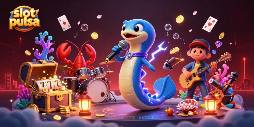 Experience thrilling slot pulsa action with dynamic casino visuals featuring electric eel DJ, lobster drummer, and seahorse guitarist.