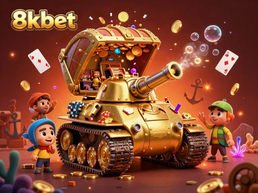 Engage with the vibrant 8kbet casino adventure featuring a colossal golden beetle tank revealing a mini casino bursting with excitement and riches.