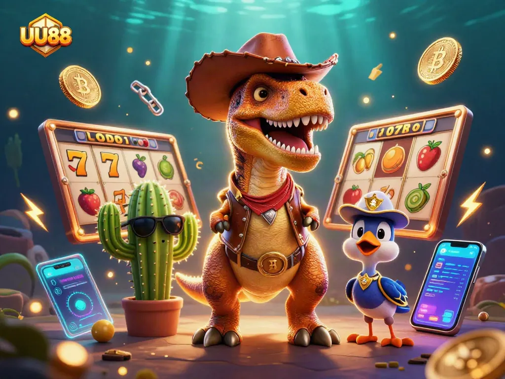 Spin and win on UU88 with a dynamic casino scene featuring colorful slot games and crypto elements.