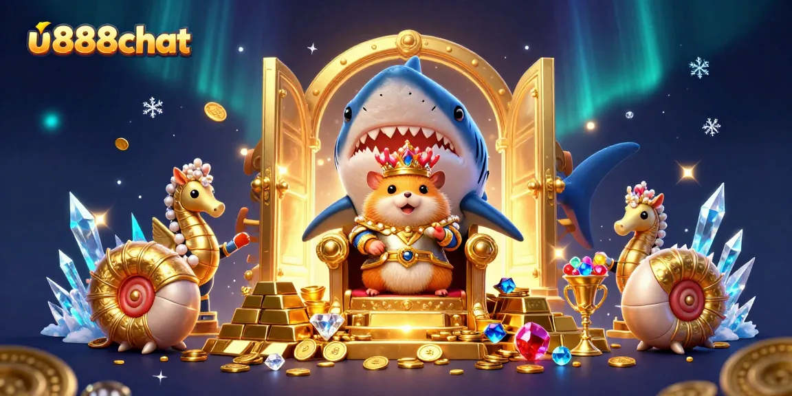 u888chat offers rich gaming experiences with a vibrant illustration of a golden hamster king on a treasure throne.