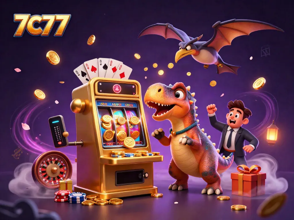 Experience thrilling moments with 7C77 as dinosaur characters win jackpot coins in a vibrant casino scene.