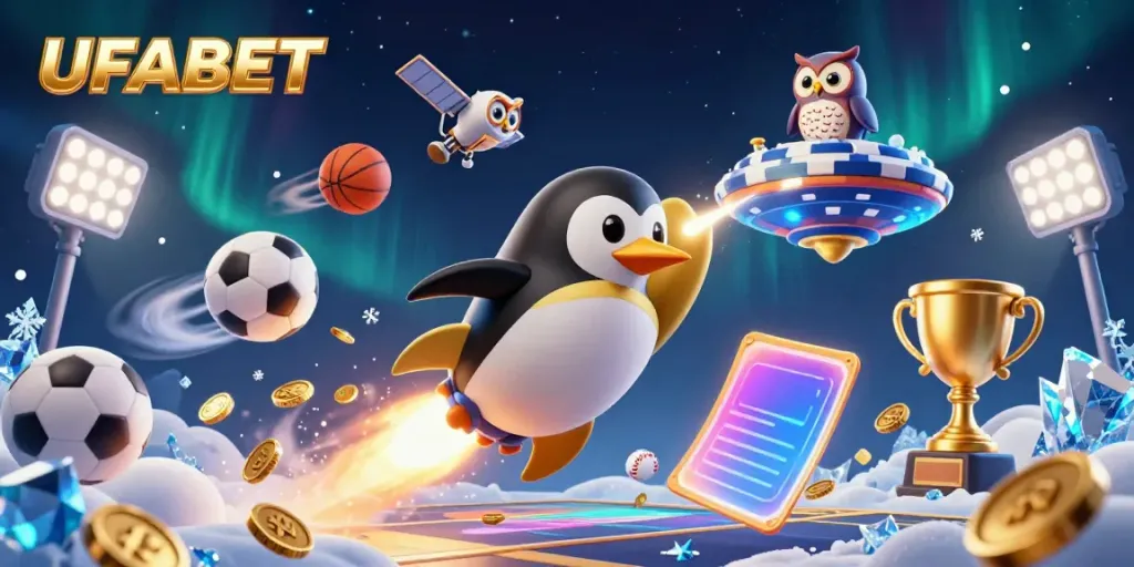 Experience the excitement of UFABET as a golden penguin rockets through space, leaving coins behind and headed for fun!