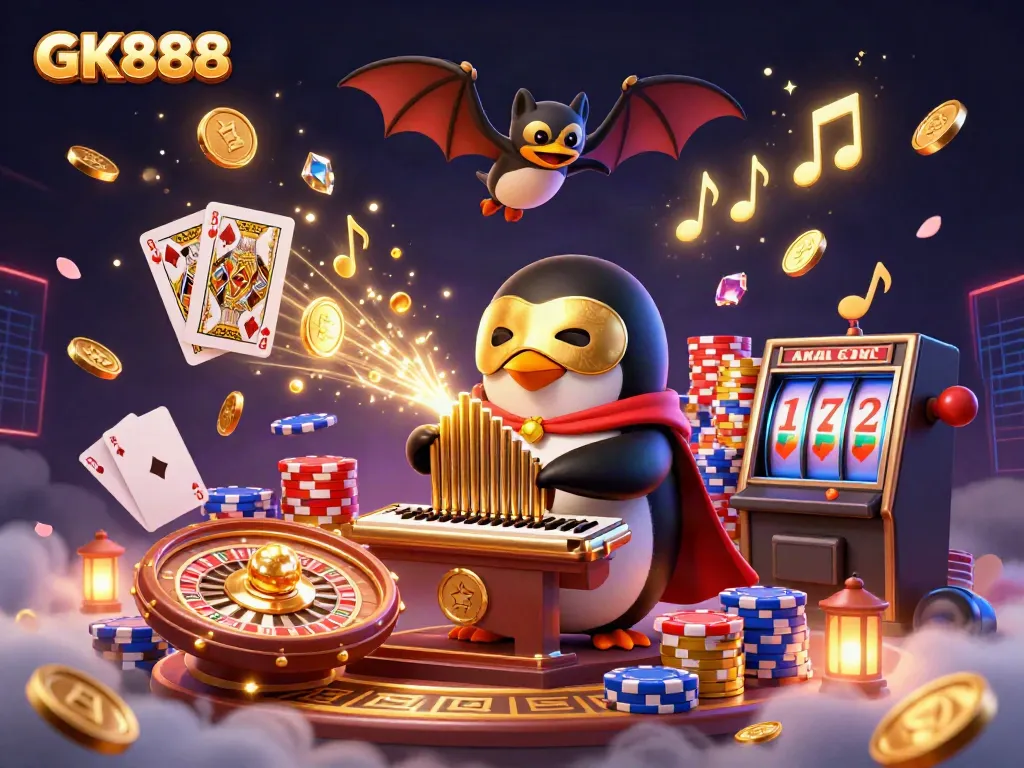 GK888 themed illustration with a cartoon penguin and golden coins in a lively casino setting