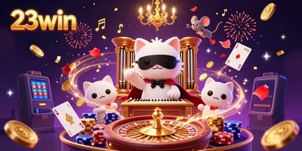 Win big at 23win with spectacular casino experiences featuring a vibrant backdrop and engaging characters.