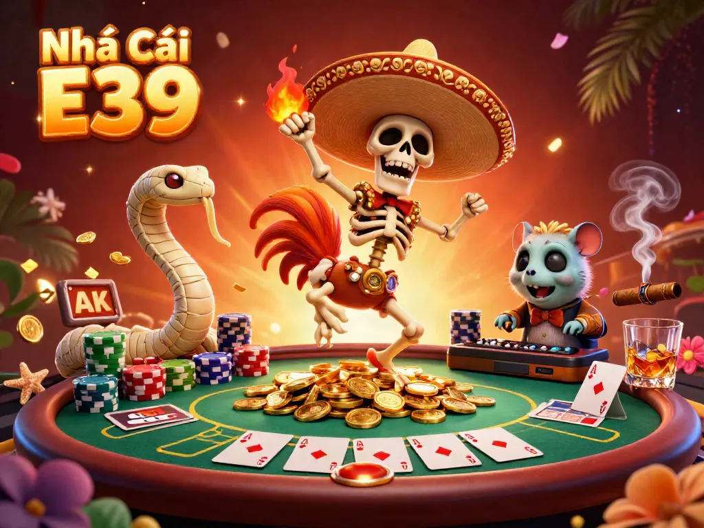 Join the vibrant celebration at Nhà Cái E39 with a lively skeleton mariachi, mummy snake, and DJ hamster among shining poker elements.