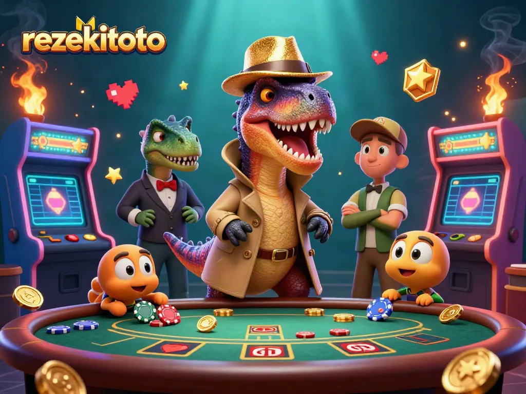 rezekitoto showcases a velociraptor card counter at a blackjack table, surrounded by vibrant arcade elements.