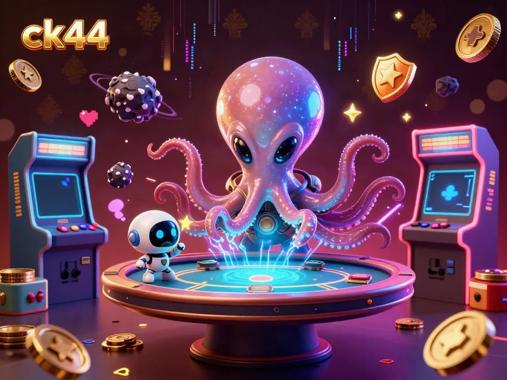 Experience thrilling poker action with ck44 in this vibrant 3D casino scene featuring an alien octopus and robot.