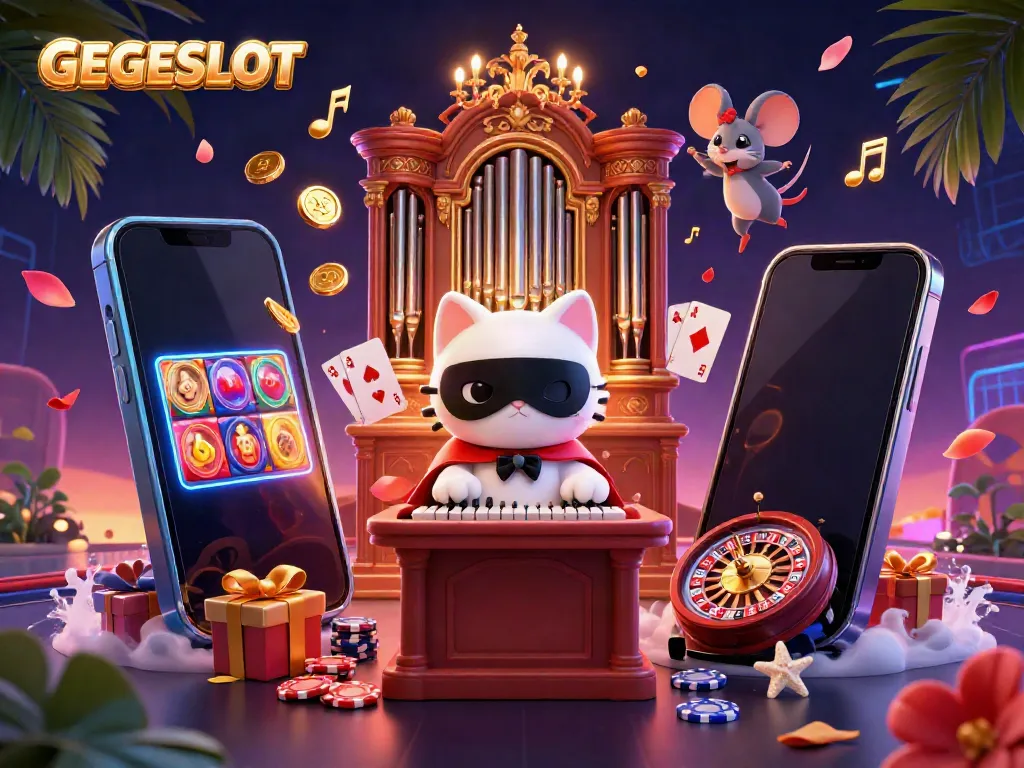 Spin and win with GEGESLOT in a vibrant casino scene featuring animated characters and games.