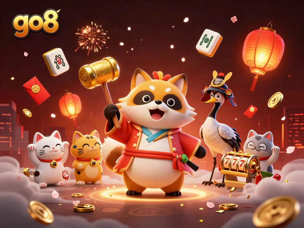 Engaging 3D illustration featuring go8 characters amidst vibrant casino symbols creating a festive gambling atmosphere.