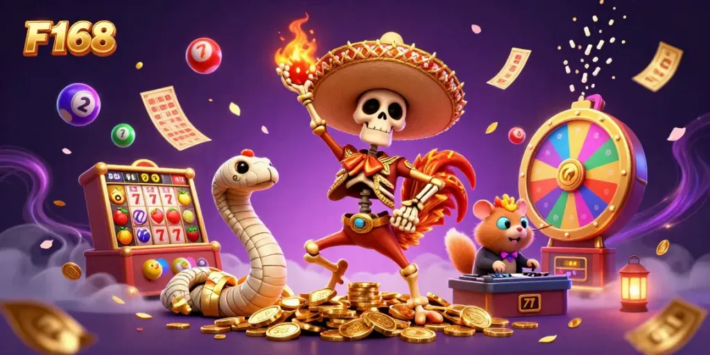 Experience F 168 excitement with a vibrant casino scene featuring lively characters and slot elements.