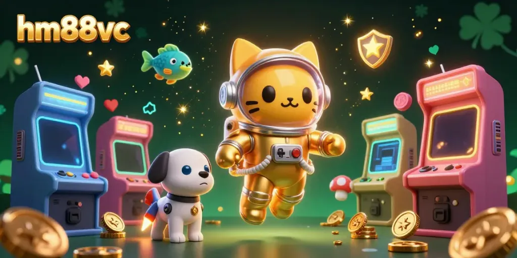 Engage with the thrilling universe of hm88vc, showcasing a whimsical space adventure featuring a cosmic cat, robot dog, and alien creatures amidst casino game elements.