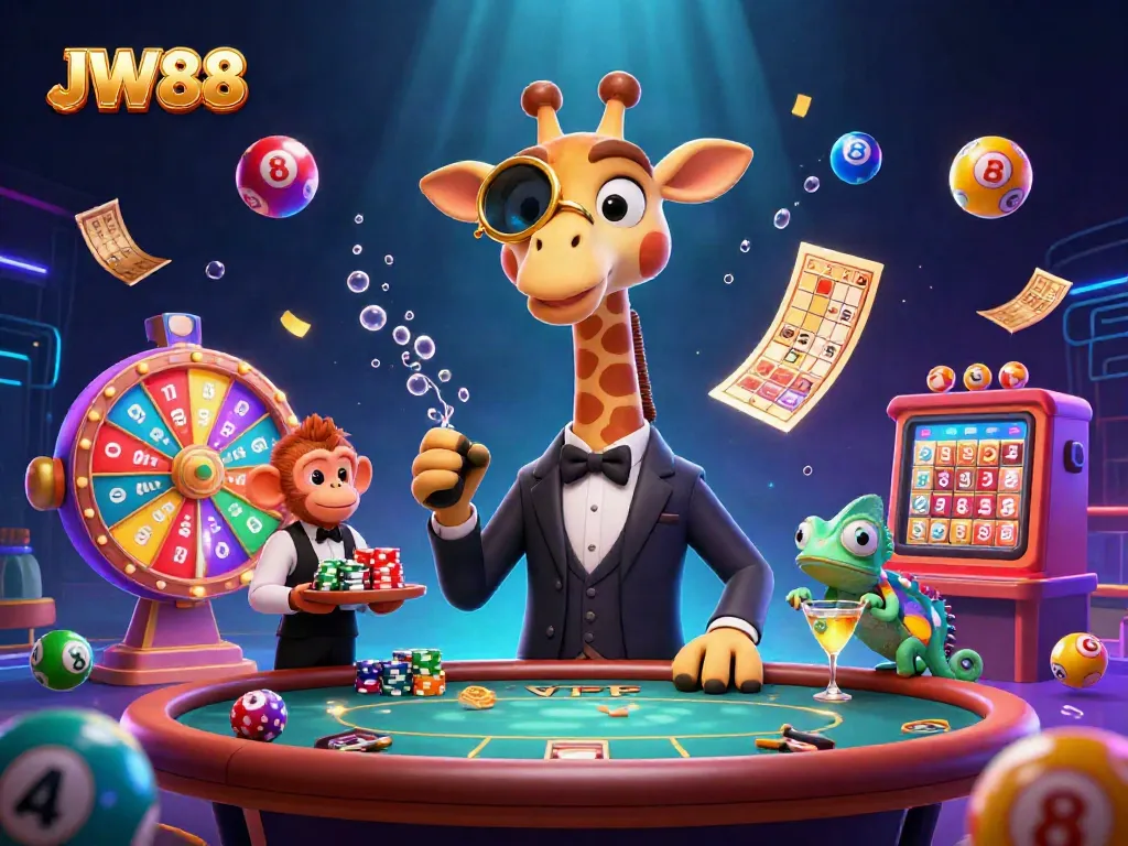 Experience the excitement at JW88, featuring a high-roller giraffe, monkey valet, and chameleon bartender amidst vibrant gaming elements.