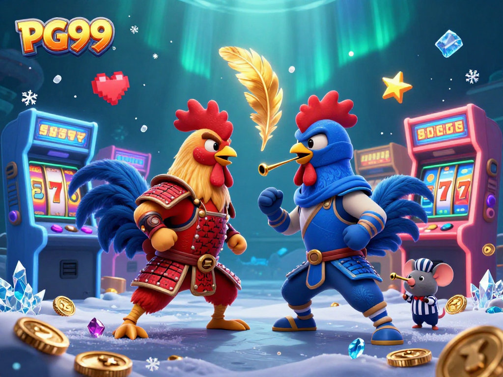 Engage with PG99 as twin cartoon roosters battle amidst a vibrant casino-themed scene of games.