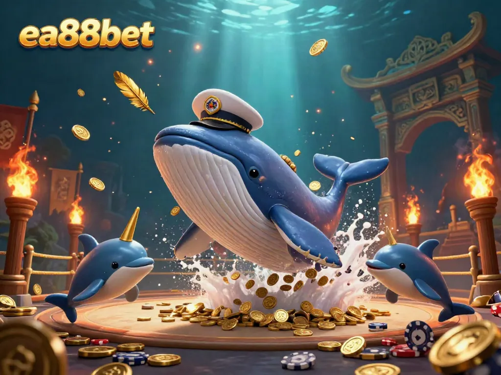 Experience the excitement of ea88bet with a whimsical underwater casino scene featuring a captain whale, narwhal, and playful dolphins.