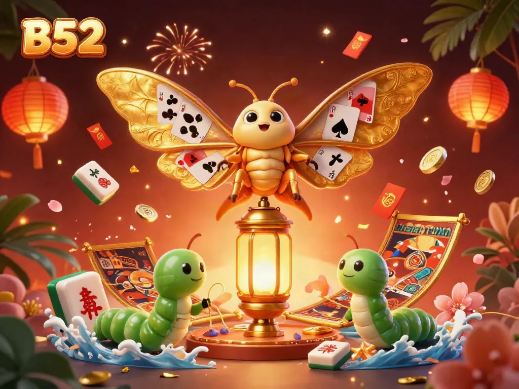 Experience gaming excitement with B52, featuring a vibrant illustration of casino elements and a majestic atlas moth.